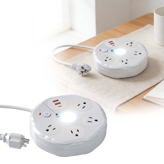 Round Power Strip With USB Charging Ports & Night Light – Surge Protector Power Extension With Design Ideal For Home & Travel Compact & Versatile Charging St