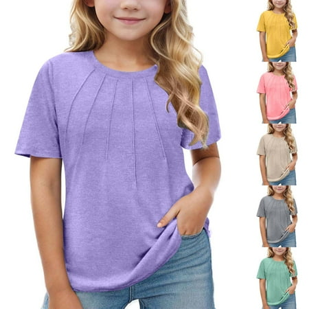 Jinhomg Girls Casual Tees Toddler Kids Cute Pleated Summer Blouses Lightweight Comfy Short Sleeve Crew Neck Tunic Tops Yellow 130