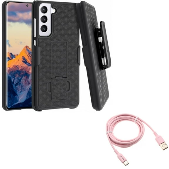 6ft USB-C Cable w Case Belt Clip for Samsung Galaxy S21 FE 5G - Pink Charger Cord Power, Holster Swivel Cover