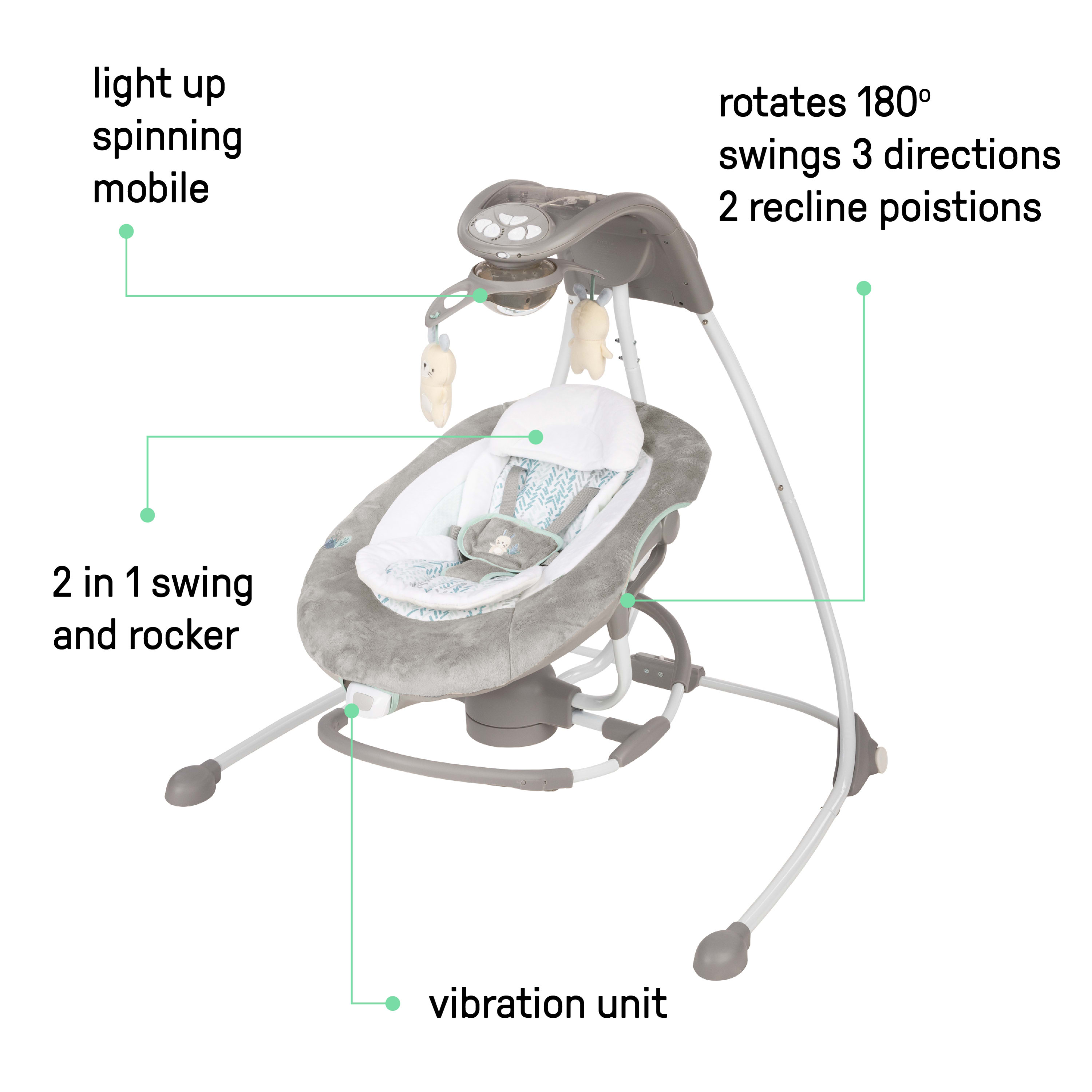 Ingenuity InLighten 2-in-1 Baby Swing & Rocker with Vibrations & Lights - Spruce (Unisex) - image 5 of 17