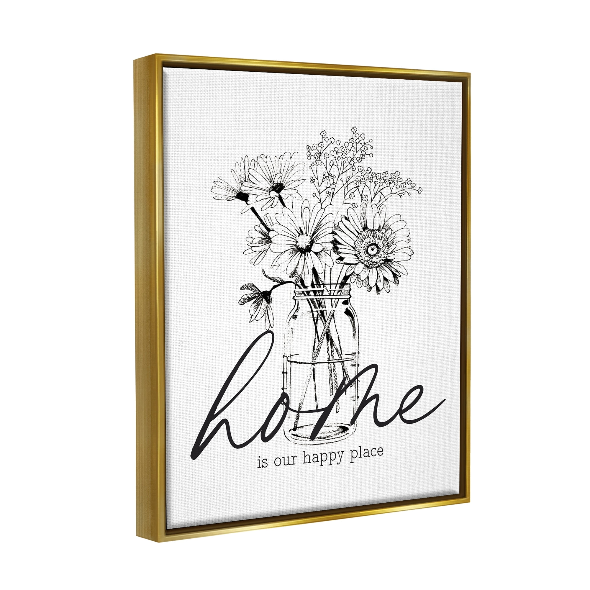 Stupell Industries Home Happy Place Flower Blossoms Jar Bouquet Graphic Art Metallic Gold Floating Framed Canvas Print Wall Art, Design by Lettered and Lined
