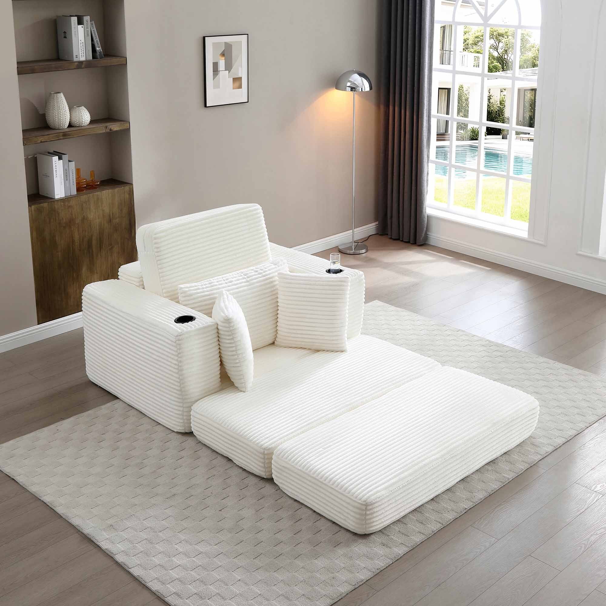 Lunale Boneless Chaise Lounge Chair with Ottoman, 52" Oversized 3-in-1 Convertible Sofa Chair for Living Room, Beige Corduroy