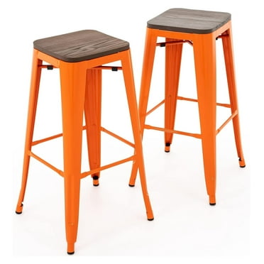 30 Inch Metal Bar Stools with Square Solid Elm Wood Seat Top, Backless Stackable Industrial Barstools Set of 2 (Orange)