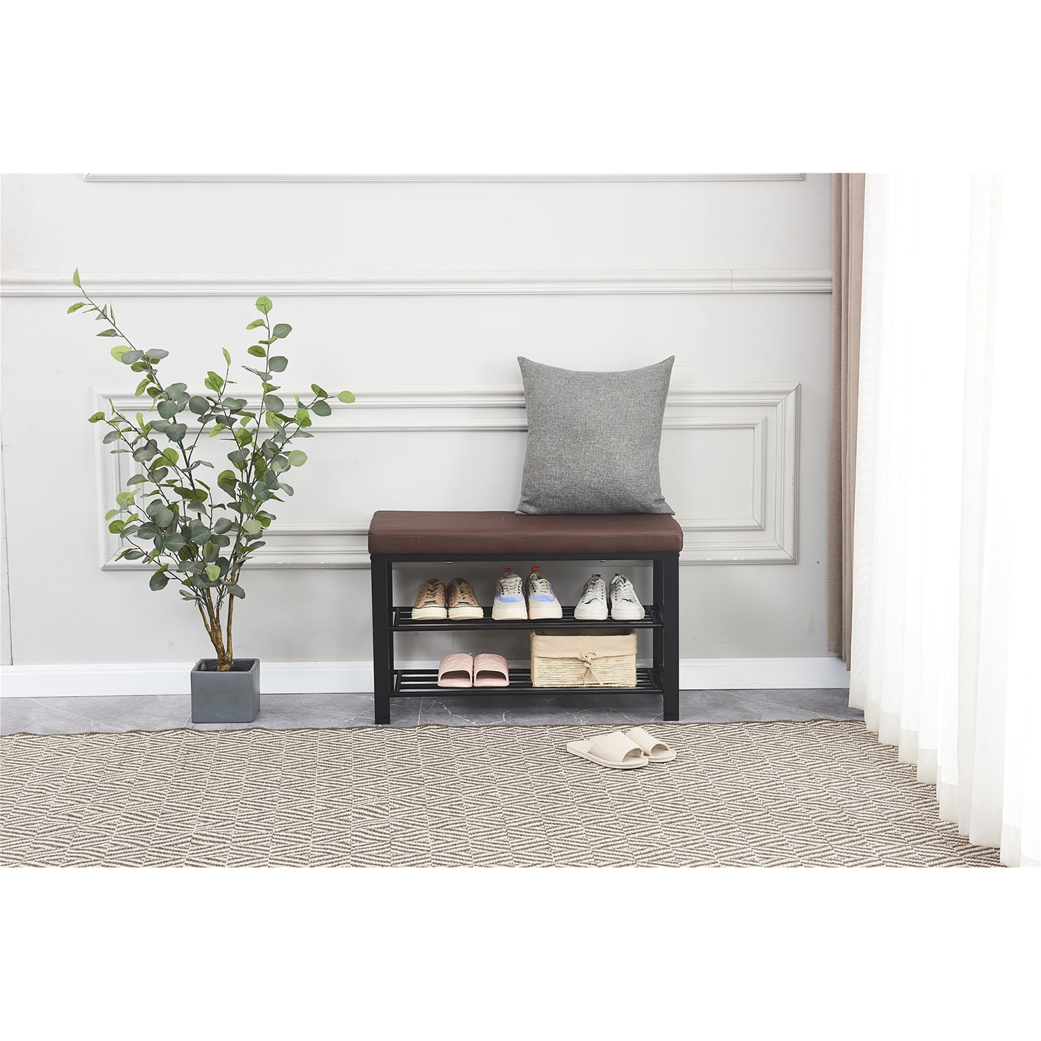 Private Jungle 3-Tier Shoe Rack Bench for Entryway, Storage Organizer with Foam Padded Seat, Faux Leather, Metal Frame, 31.5 x 11.8 x 19.7 Inches, Brown Private Jungle 3-Tier Shoe Rack Bench for Entryway, Storage Organizer with Foam Padded Seat, Faux Leather, Metal Frame, 31.5 x 11.8 x 19.7 Inches, Brown