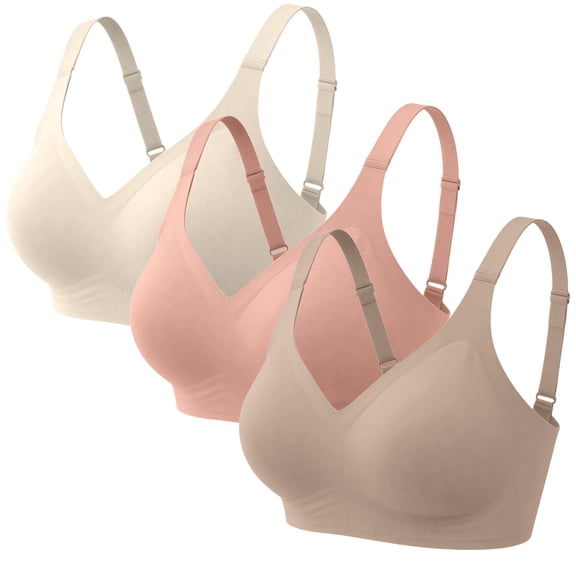 ZNQHFRE 3 Pack Women Wireless Full Coverage No‑Show Bra, V‑Neck Anti‑Chafing Moisture Wicking Soft Support Everyday Bra For Ladies Multicolor L