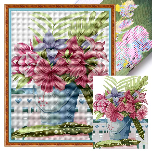 Hilo Algodón para Bordar Punto Cruz Con Flores Impresas 14CT 26x34cm