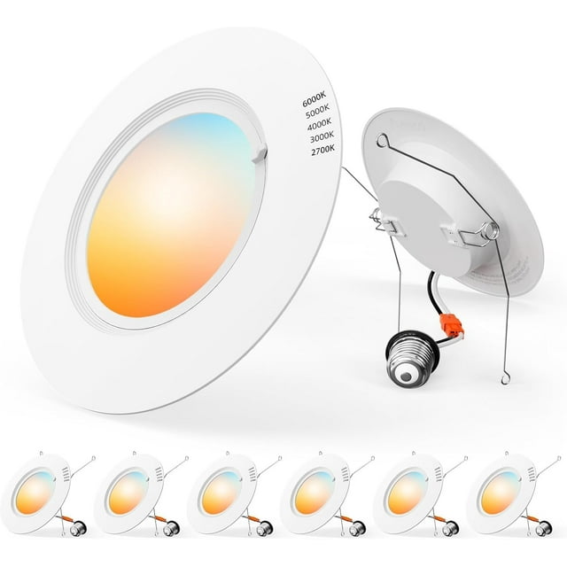 6 Pack 5/6 Inch LED Recessed Lighting, Retrofit Can Lights with Baffle Trim, Surface Ring 5CCT Selectable (2700K/3000K/4000K/5000K/6000K), Dimmable, 12.5W=100W, 950LM, IC Rated, ETL & FCC