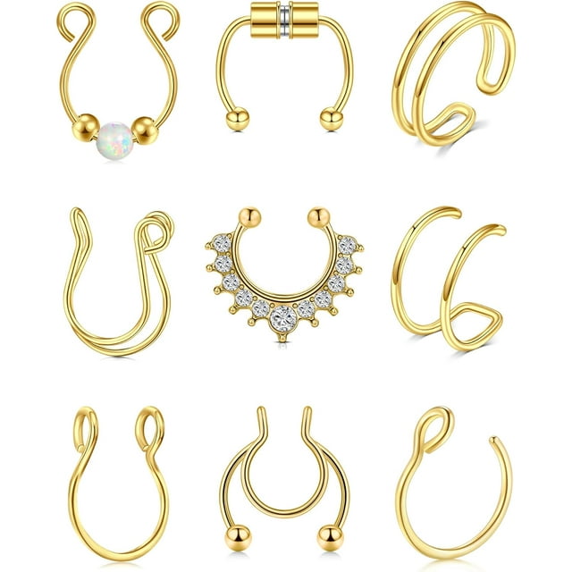 GHSDFBB VCMART Fake Nose Ring Fake Septum Fake Nose Ring Stainless Steel Fake Nose Ring Hoop Stud Fake Nose Rings for Women Fake Nose Ring Piercing Non Pierced Clip On Faux Septum Nose Rings Mag