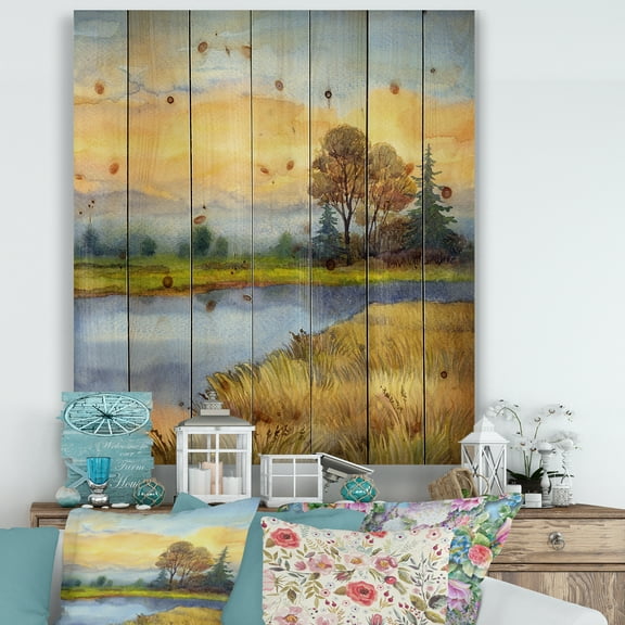 Designart 'The Awakening of Nature Over Meadows' Lake House Print on Natural Pine Wood