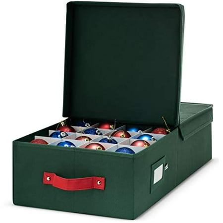 Material Box - Underbed Christmas Ornament Storage Box - 600D oxford material with Lid, And Dividers, Holds up To 64 Round Ornaments - 24” x 12” x 6” - Green