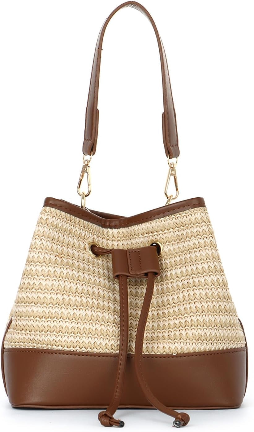 Straw Drawstring Shoulder Bag Bucket Bag for Women Summer Handwoven Beach Vacation Handbag Crossbody Bag