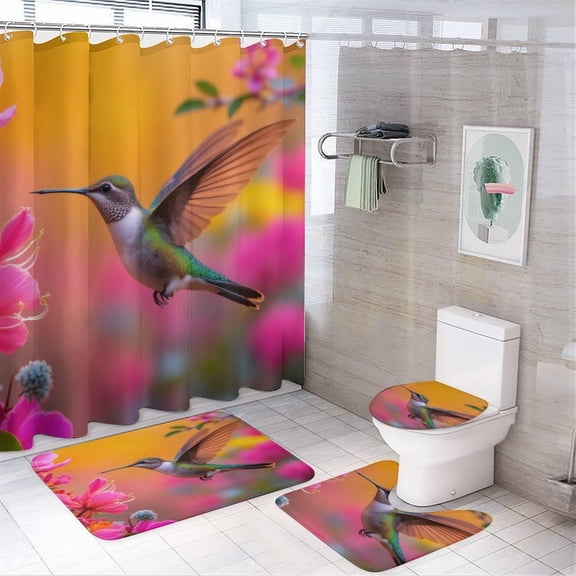 Hummingbird Floral Bliss Shower Curtain Sets Non-Slip Rugs Bath Mat Toilet Cover U Shaped Mat 4 Pcs