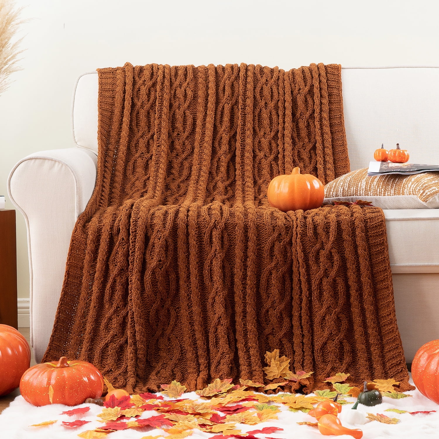 Battilo Caramel Throw Blanket for Couch, Chenille Rust Blanket Throw,Fall Blanket,51"x67"