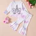 thumbnail image 4 of KYAIGUO Infant Toddler 2PCS Spring Fall Sweatshirt Outfit for Girls Ruffle Sleeve Floral Pullover Tops + Flare Bell Bottom Pants Set 6M-5Y Baby Print Sweatsuit Top & Flare Pants Set, 4 of 9