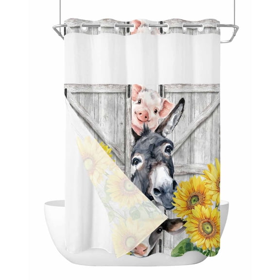 No Hook Shower Curtain with Snap-in Liner, Farmhouse Waterproof Fabric Bathroom Curtains, Watercolor Sunflowers Animals Printed Wood Grain Bath Curtains & Mesh Top Window Stall 48"x72"