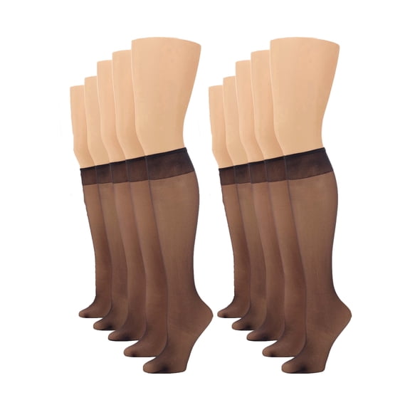 No nonsense Women's Sheer Knee Highs with Comfort Top 10 Pair Pack, Off Black, One Size