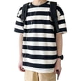thumbnail image 3 of Camiseta de hombre a rayas, media manga, suelta, cuello redondo, blusa de algodón, negro, L Yuarrent AP002500-02, 3 of 7