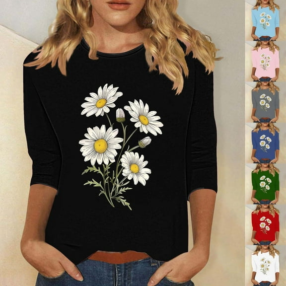 CYMMPU Fall Trendy Shirts 3/4 Sleeve Spring Tops Floral Printed Blouses for Women Dressy Casual Tunic Tops Loose Fit Round Neck Lightweight Basic Tees Black S