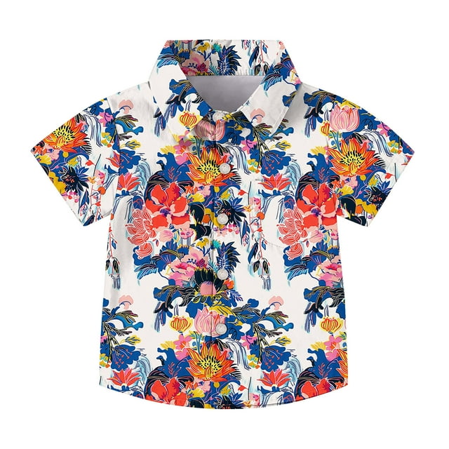 Hawaiian Print Short Sleeve Shirt for Kids, Polyester Blend, Round Collar, Front Pocket, Casual Uniform Style, Breathable Fabric, Hand Washable