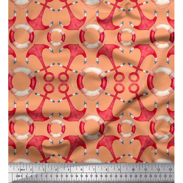 Soimoi Orange Poly Georgette Fabric Life Ring & Anchor Hook Nautical Decor Fabric Printed Yard 42 Inch Wide