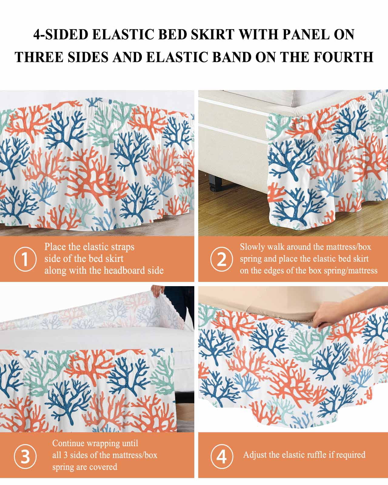 Orange Blue Coral Wrap Around Bed Skirts for Queen Bed 16" Drop,Bed Skirt with Adjustable Elastic Belt Dust Ruffle Bed Valance for Bedroom Hotel Green Gradient Coastal Ocean Color Bed Frame Cover