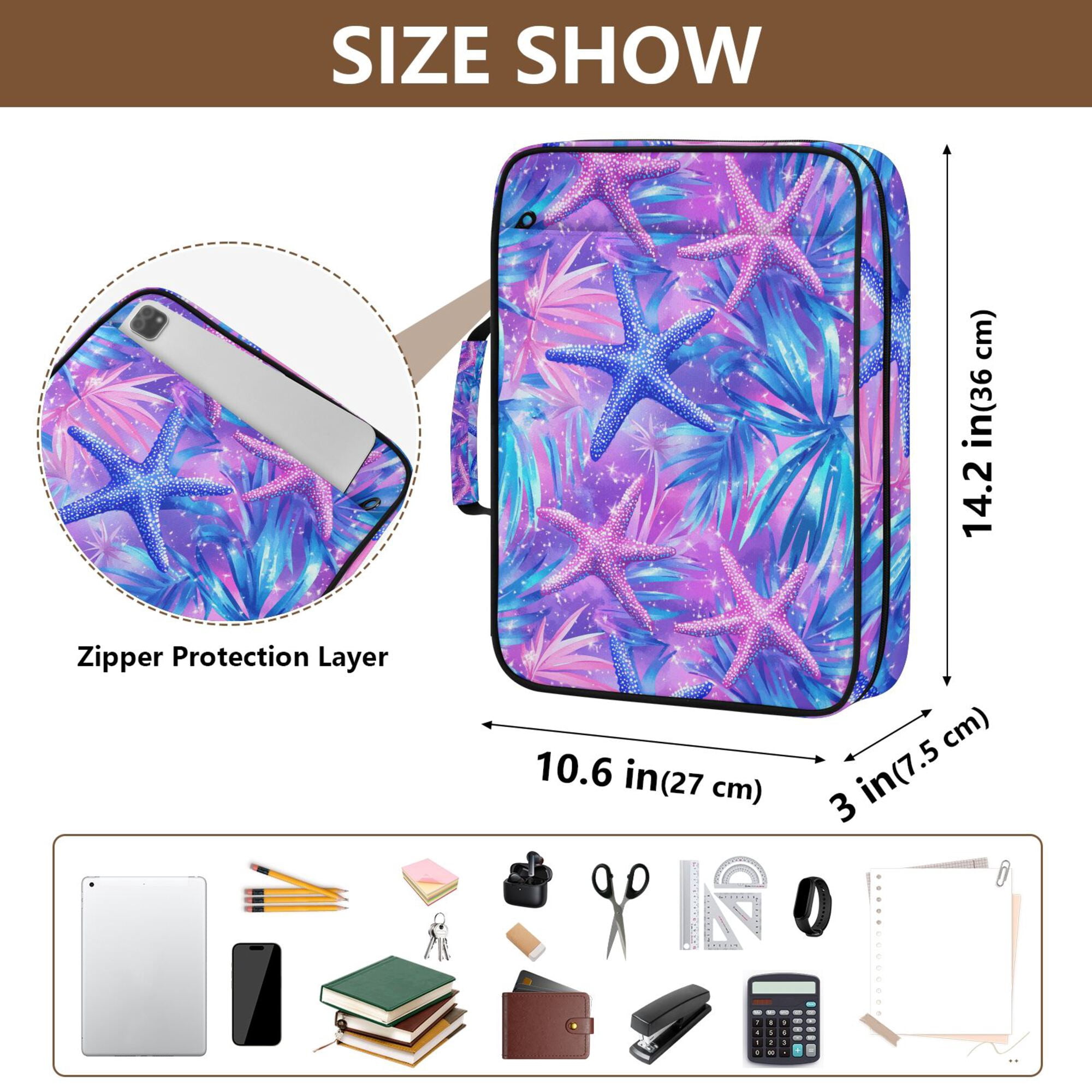 FORMRS Accordion File Folder A4 Size 7-Pocket Expanding Document Organizer Bag with 3 Ring Binder, Purple Starfish Pattern
