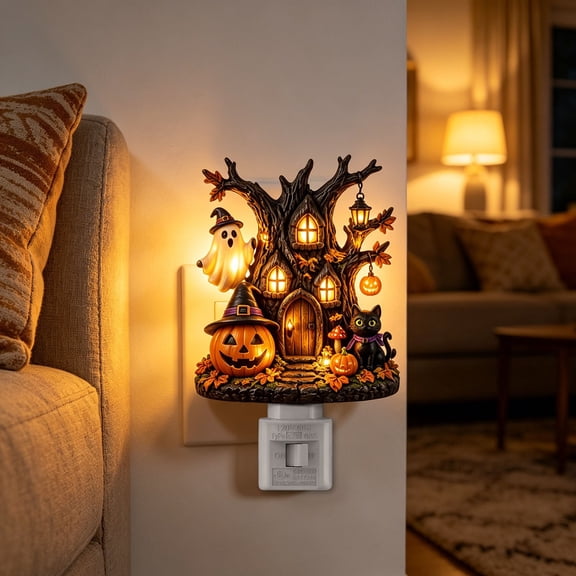 Halloween Decorations Halloween Tree House Night Light Plug in Spooky Cute Ghost Pumpkin Wall Decor for Home Party