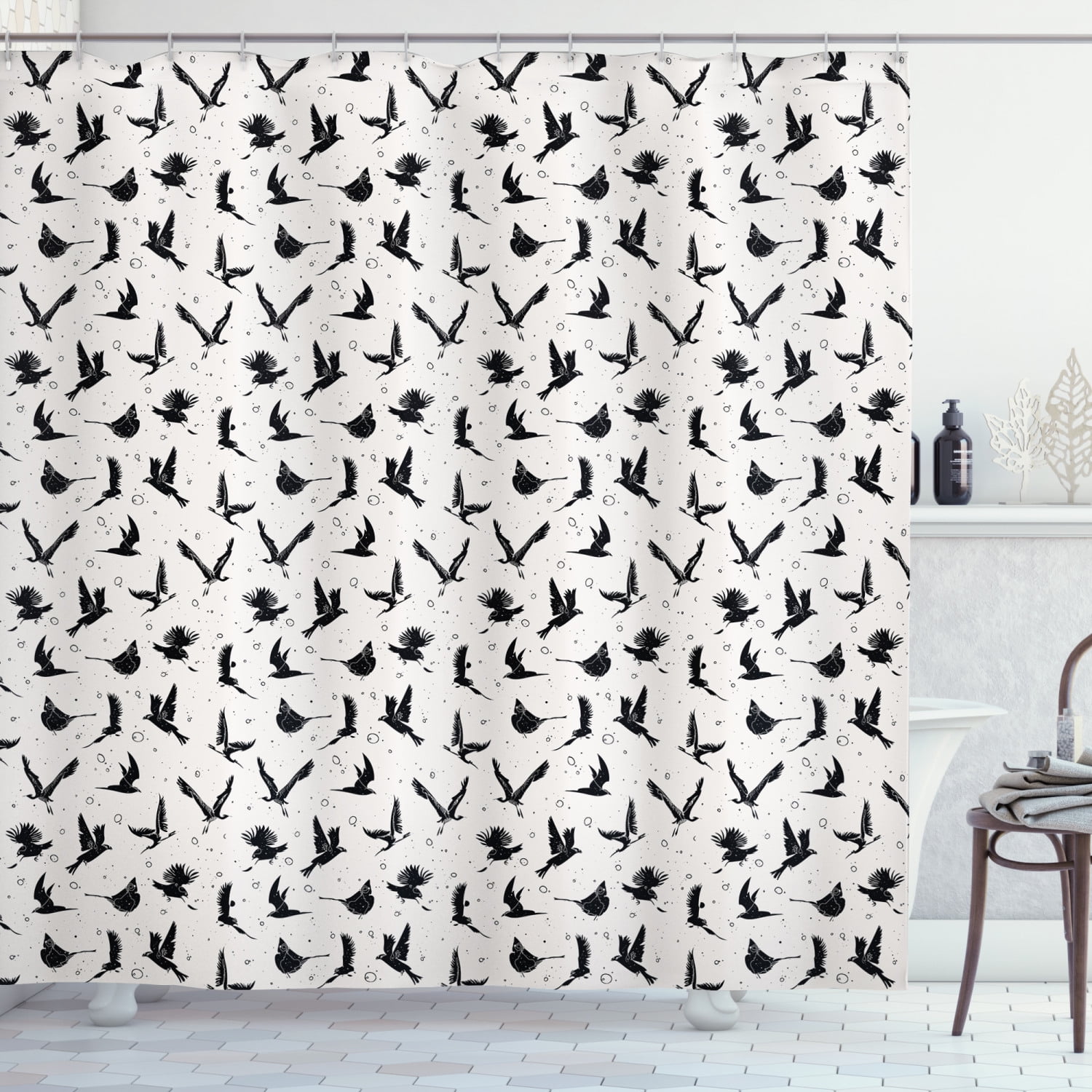 Birds Shower Curtain, Hand Drawn Various Animals Crane and Pigeon