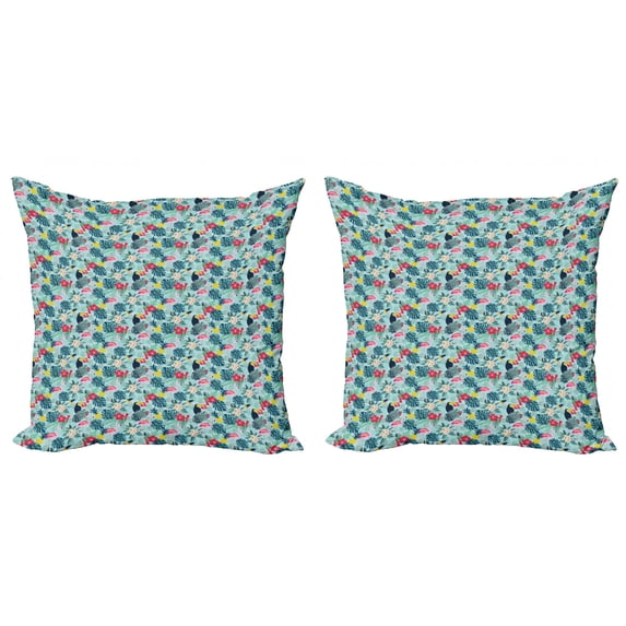 Ambesonne Tropical Throw Pillow Cover 2 Pack, Flamingo Pineapple Toucan, 16", Multicolor