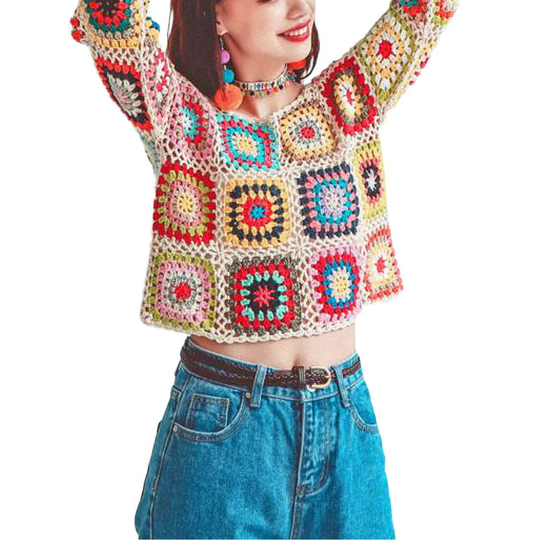 FOCUSNORM Granny Square Crochet Sweater for Women Long Sleeve Floral  Knittwear Blouse Pullover Top 