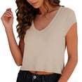 thumbnail image 4 of Women's V-Neck Crop Top, Short Sleeve Casual Solid Color T-Shirt Y2K Tops Travel Outfit Khaki XXL, 4 of 6