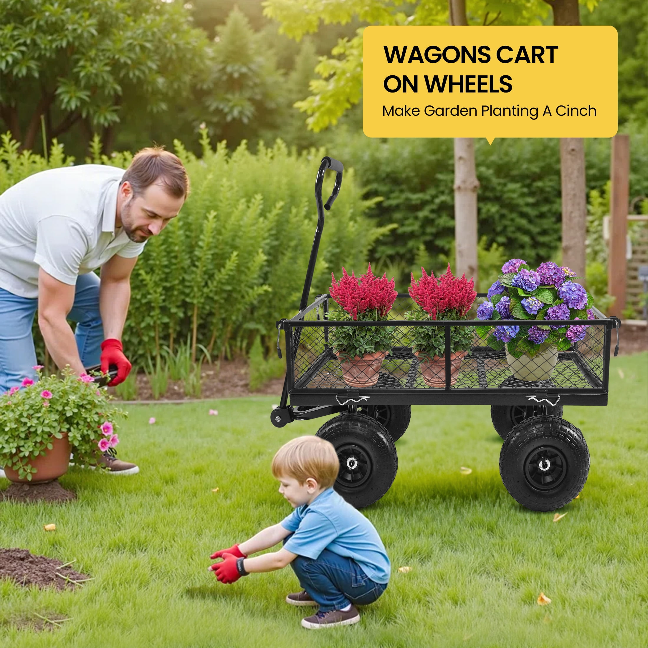 Aukfa Utility Garden Cart, Heavy Duty Metal Wagon Cart with Rotating Handle, Removable Sides/10" Wheels for Outdoor Hauling/Gardening, Black