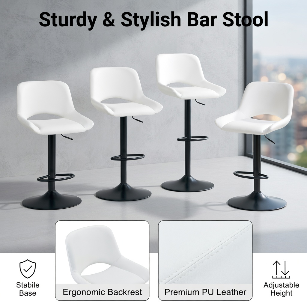 Hommoo 2-Pack Modern Adjustable Swivel Bar Stools, White PU Leather & Metal, 360° Rotation, Height-Adjustable, Footrest, Ideal for Kitchen Islands & Home Bars, White