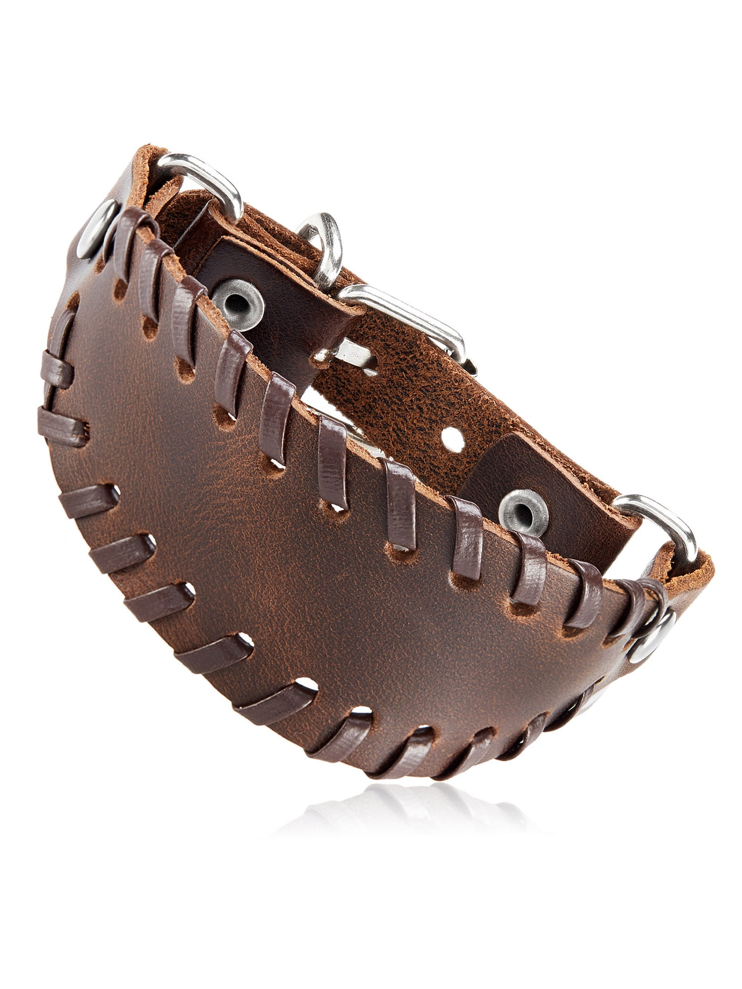 Men's Brown Leather Stitched Bund Buckle Cuff Bracelet (36mm) - 9"