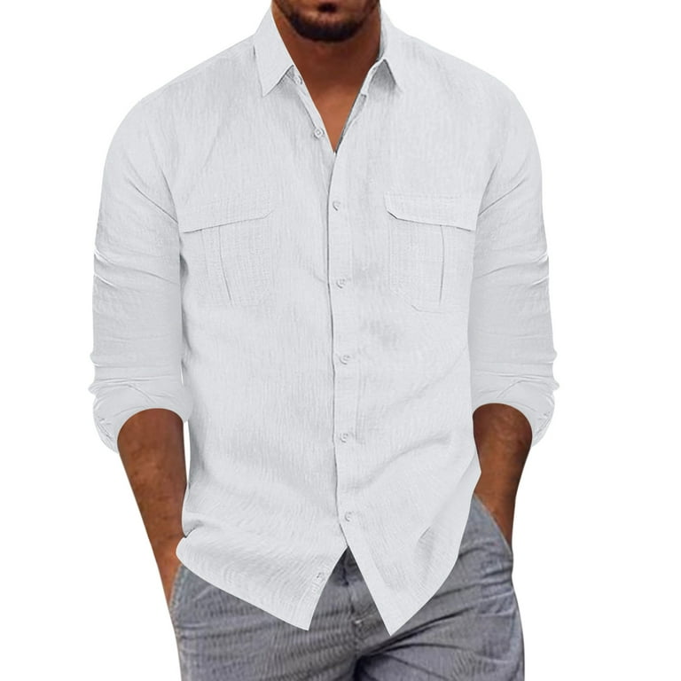 Blue Golf Shirts For Men Mens Fashion Casual Button Lapel Cotton Solid  Color Pocket Long Sleeve Shirt Top