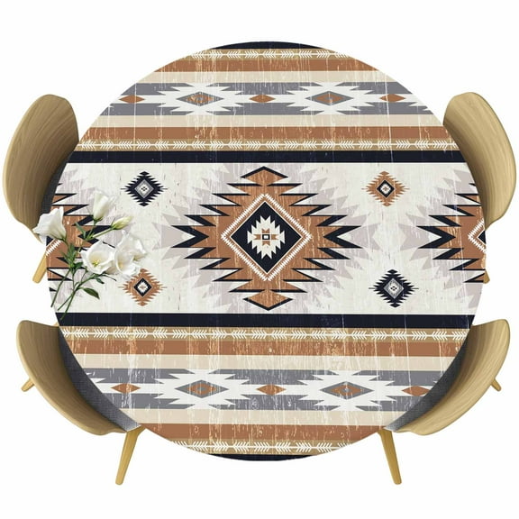 Orange Boho Round Tablecloth 55-60 Inch Round Fitted Table Cloth with Elastic Edge, Geometric Aztec Southwestern Striped Waterproof Table Cover Protector for Outdoor Picnic Party Dining