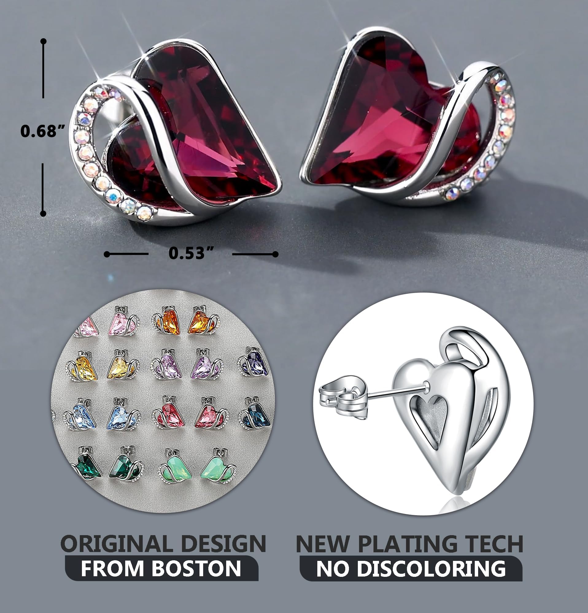 Leafael Birthstone Crystal Earrings for Women, Amethyst Purple Pink for February, Gift for Mom and Mother, Silver Stud Earring Jewelry for Ladies, Infinity Love Heart