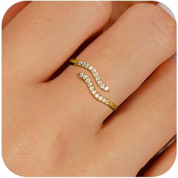 925 Sterling Silver 14K Gold Plated Ocean Wave Ring for Women Adjustable Minimalist Opening Ring Hypoallergenic Inspirational Cubic Zirconia Jewelry for Mom Daughter Birthday Christmas jewelry gifts