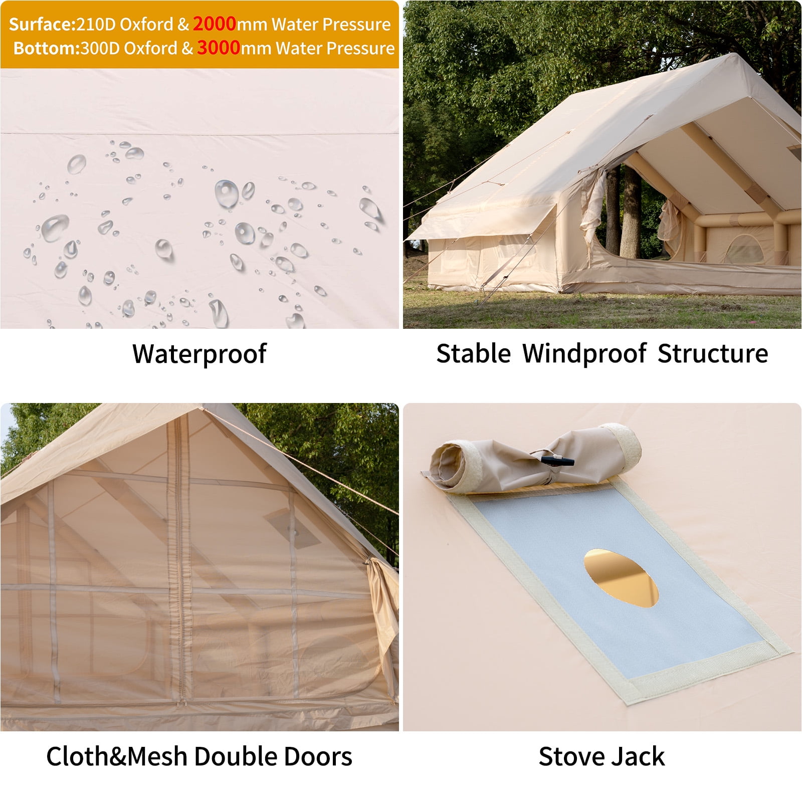 Waldmate Inflatable Camping Tent for 6-8 Person, Glamping Tent with Stove Jack Hand Pump, Oxford Waterproof Blow up Tent with Mesh Windows & Door
