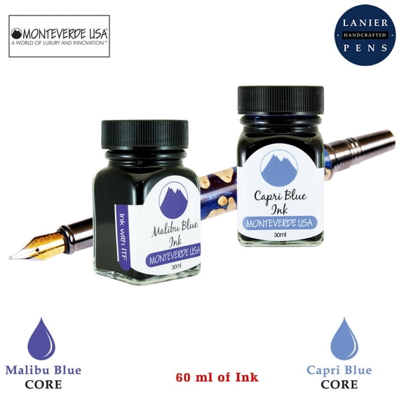 Monteverde 60ml Core Fountain Pen Ink Bottle (30ml Malibu Blue Ink Bottle G309MU, 30ml Capri Blue Ink Bottle G309CB)