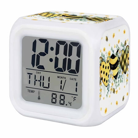 Alarm Clocks Bee Love Heart Digital Clock 7 Color LED Night Light Silent Non-Ticking Battery Operated Daisy Floral Eucalyptus Leaves Cube Clocks for Bedroom Bedside Living Room Office School