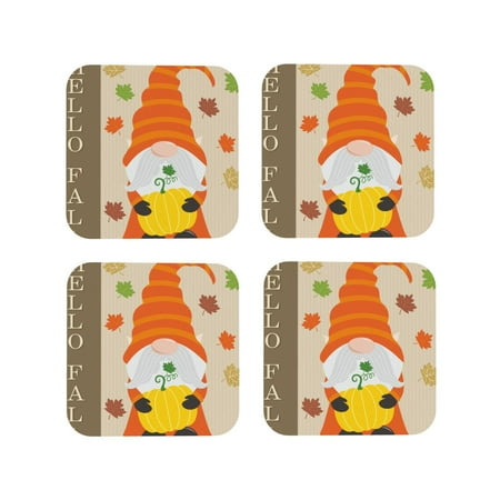 

Vsdgher Hello Fall Gnomes 1 Leather Coasters for Drinks Durable Drink Coasters 4 Set for Tabletop Protection Luxurious Home Décor and Housewarming Gift-Square