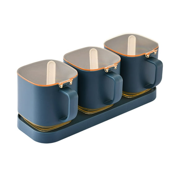 Oggfader 3-Compartment Blue Seasoning Jar - Leakproof Airtight Spice Container with Vertical Lid & Spoon, for Kitchen, Outdoor Grilling & Picnic