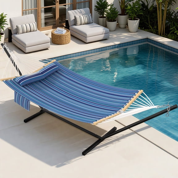 Modern Hammock with Stand for Outside Portable, Camping Hammock with Stable Anti-Tipping Structure, Hand-Woven Durable Ropes, Rope Hammock for Backyards, Beaches, Poolsides, Parks, Campsites, Navy Bl