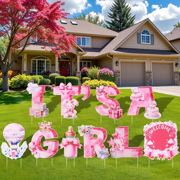 10PCS Its A Girl Yard Signs with Stakes Pink It's A Girl Baby Shower Yard Sign for Gender Reveal Outdoor Garden Lawn Party