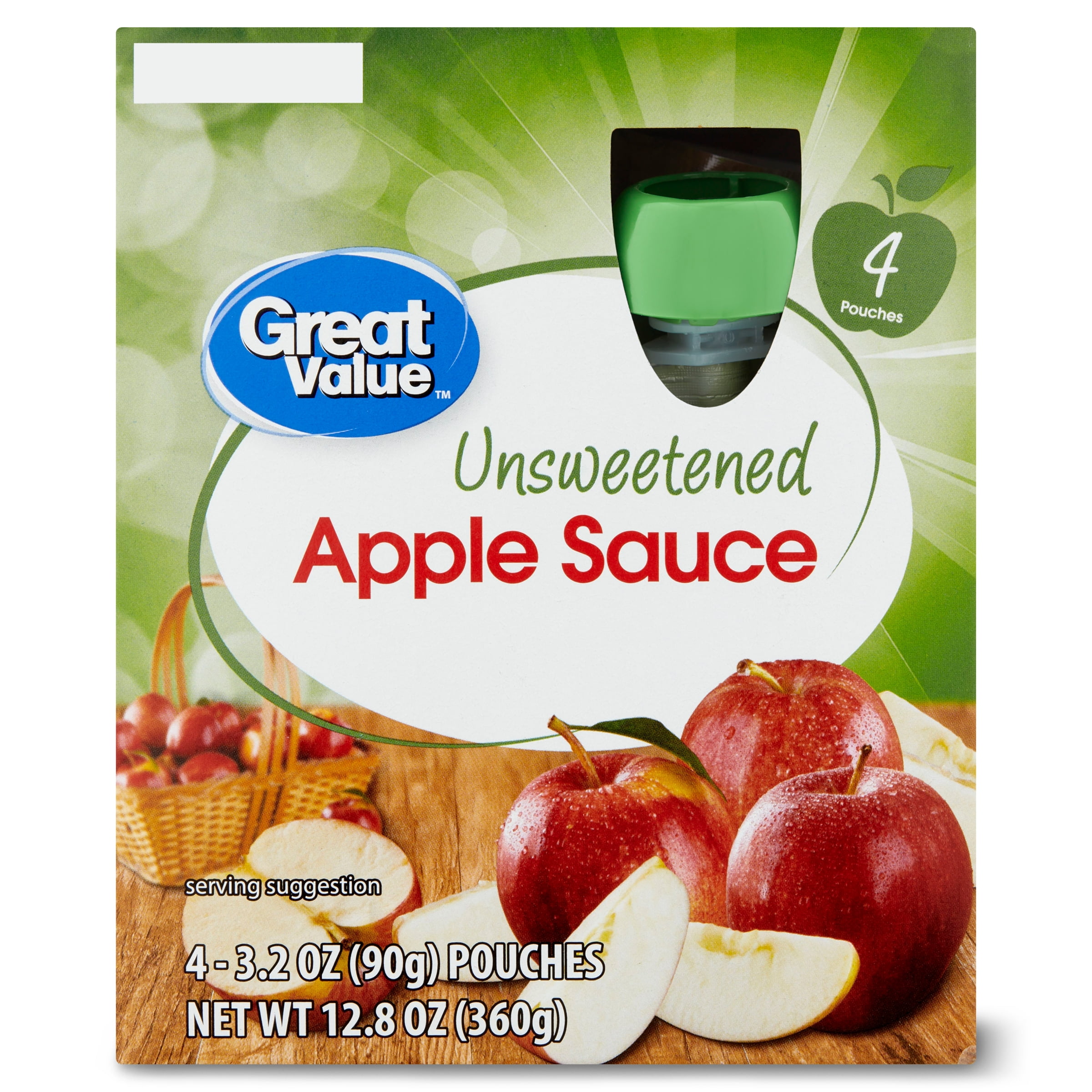 Great Value Applesauce Pouches, Unsweetened, 3.2 oz, 4 Ct