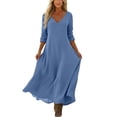thumbnail image 5 of Ayolanni Fall Dresses V Neck Beach Long Sleeve A-Line Maxi Dresses Casual Flowy Pleated Solid Long Dress Blue XL, 5 of 7