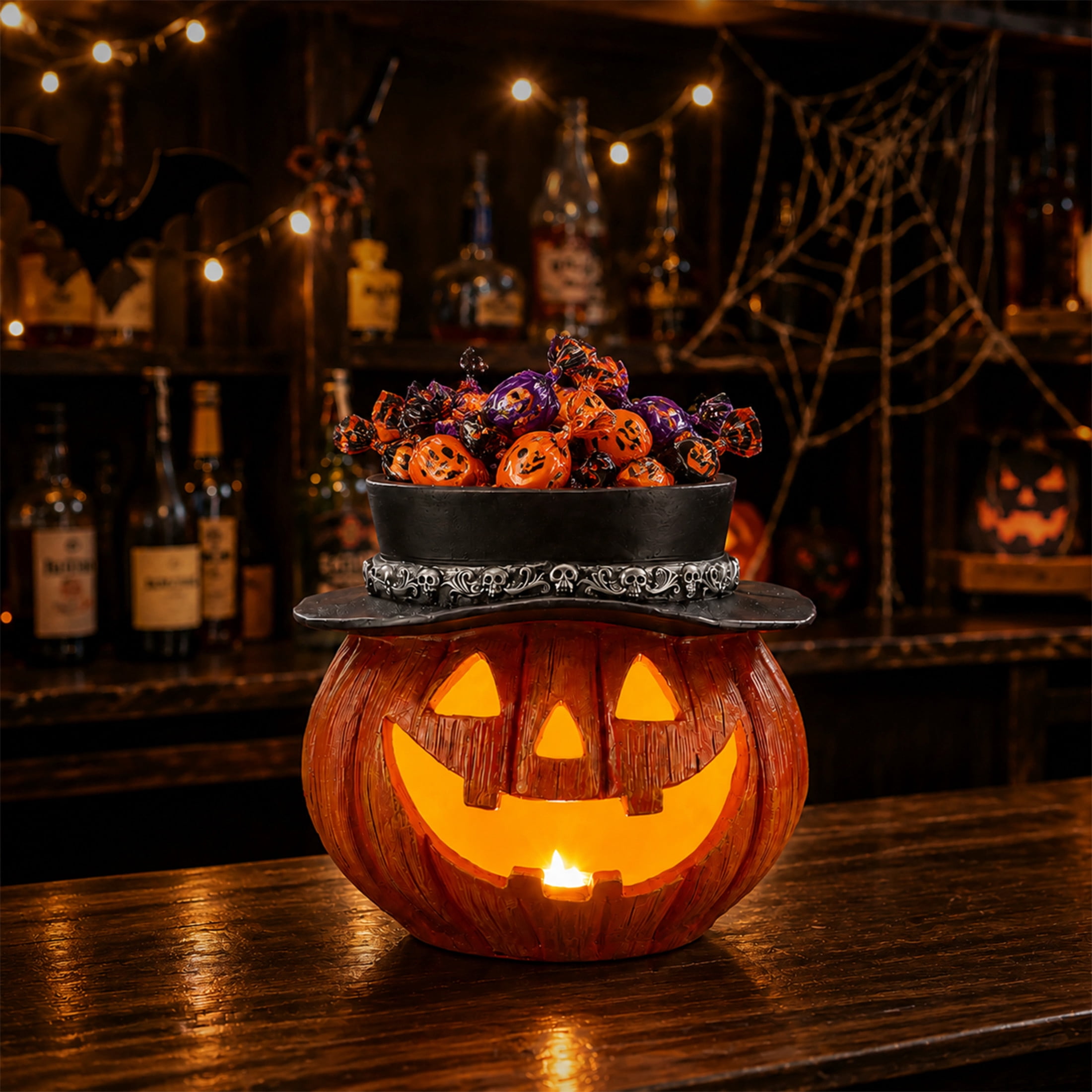 Noble House Light-Up Halloween Pumpkin Candy Bowl with Witch Hat & LED Jack-O'-Lantern, Spooky Decoration, Black