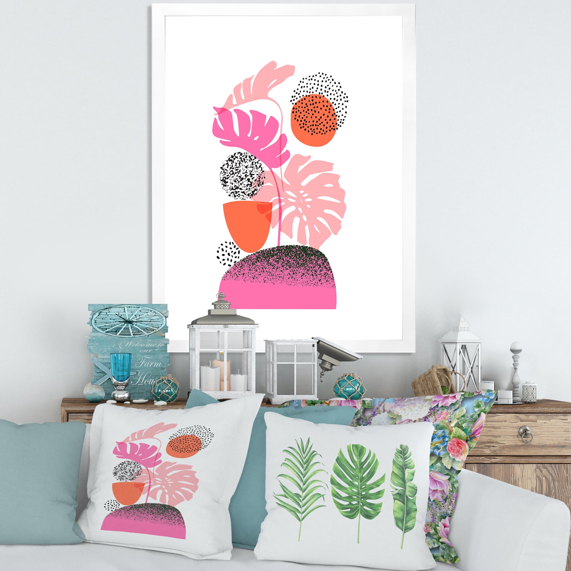 Designart 'Geometric Sun and Moon Shapes With Tropical Leaves' Modern Framed Art Print
