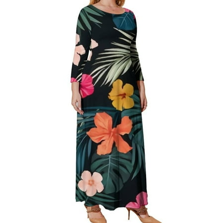 Myst Design Oversized Women's Long Sleeve Dresses, Tropical Bright Hibiscus Flowers Long Plus Size Dress, Loose Fit Casual Maxi Dresses with Pockets, XL